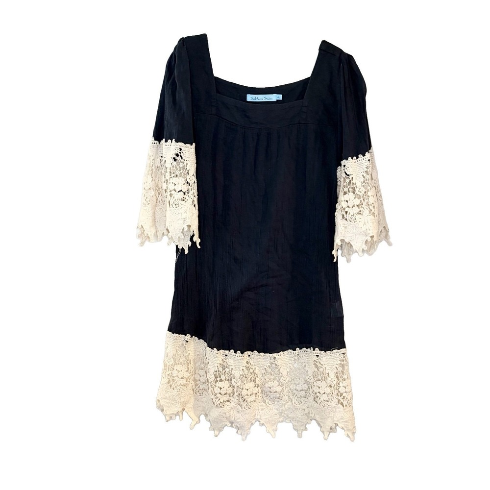 Solitaire Swim Cover Up Dress S Navy Gauzy Crochet Lace Trim Boho‎ Beach Pool
